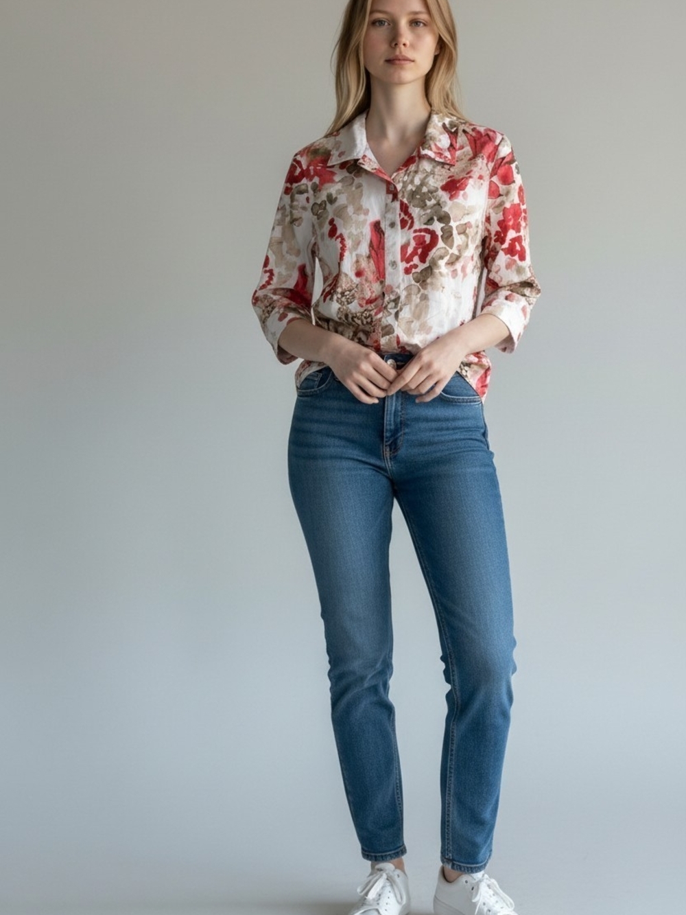 Chico’s Watercolor Floral Button Front Blouse Red Neutral 3/4 Sz 2 L Sleeve